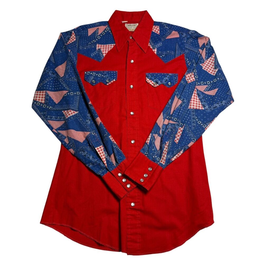 Vintage Dee Cee Mens Western Pearl Snap Shirt 15-35 Red USA America 4th of July